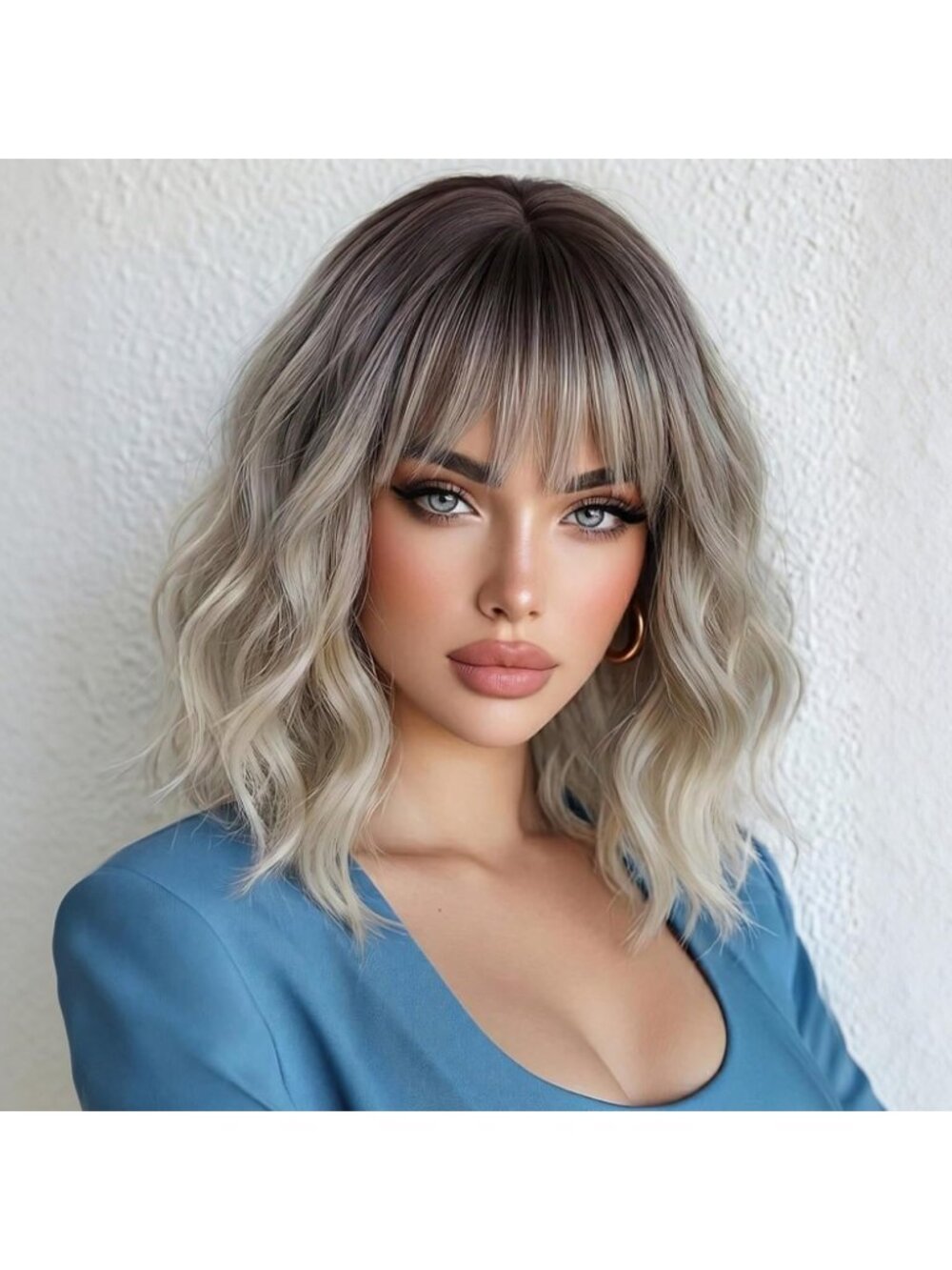 14 inch Women's Fashion Ombre Dirty Blonde Soft Short Bob Curly Wig with Bangs